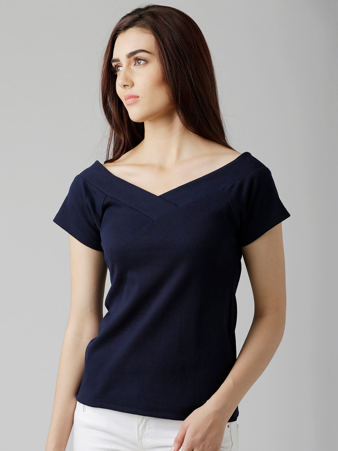 Women's Navy Blue V Neck Short Sleeve Solid Top