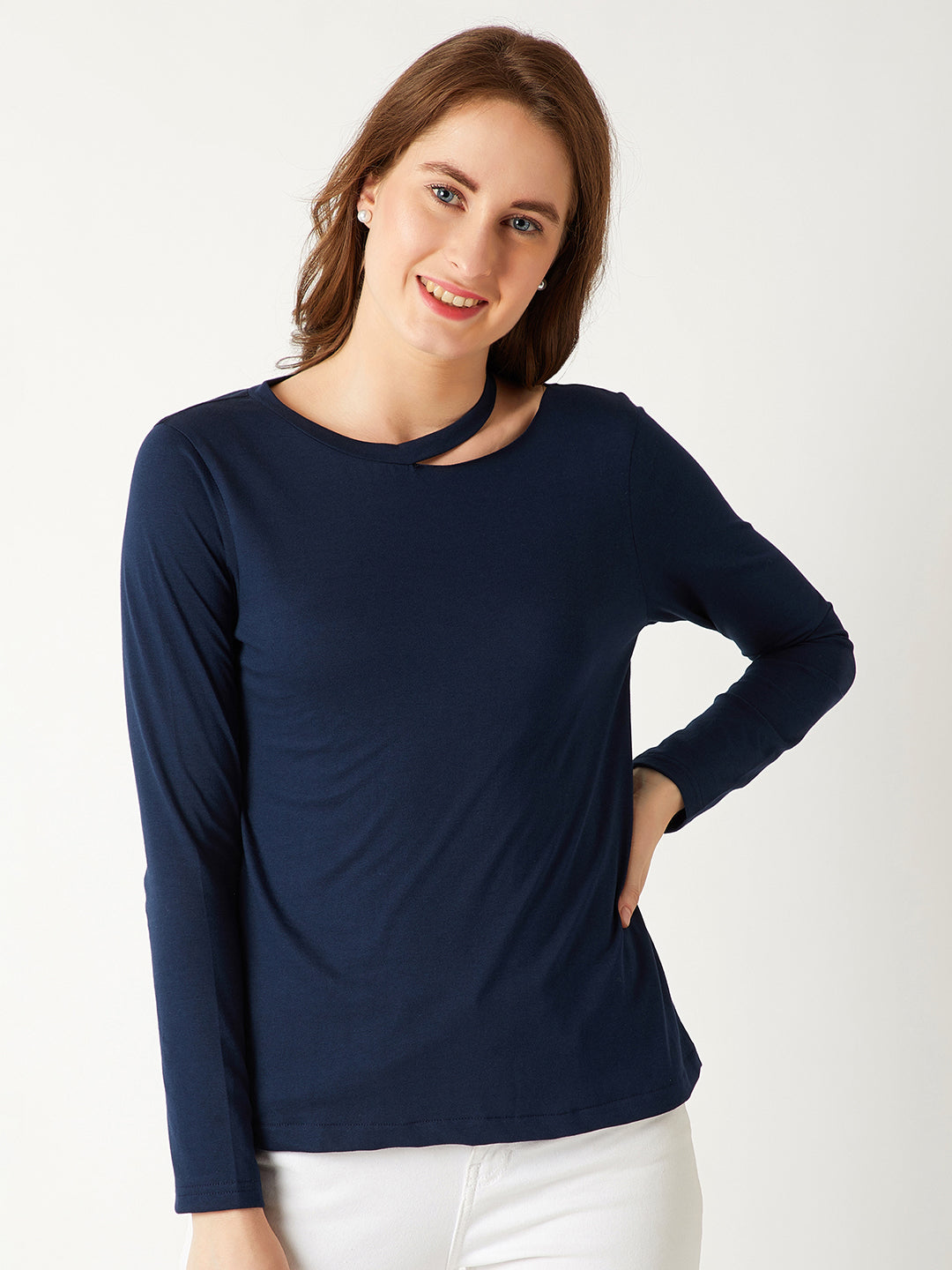 Women's Navy Blue Round Neck Full sleeve Cotton Solid Cut-Out Slit Shoulder Top