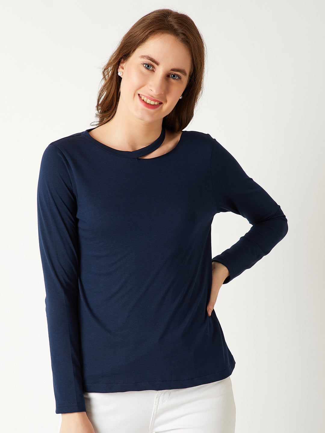 Women's Navy Blue Round Neck Full sleeve Cotton Solid Cut-Out Slit Shoulder Top