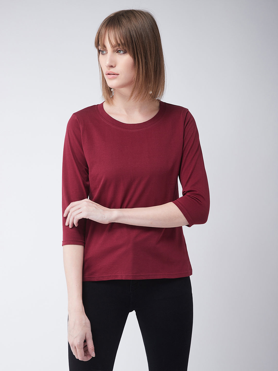 Women's Maroon Round Neck 3/4 Sleeves Casual Basic Top