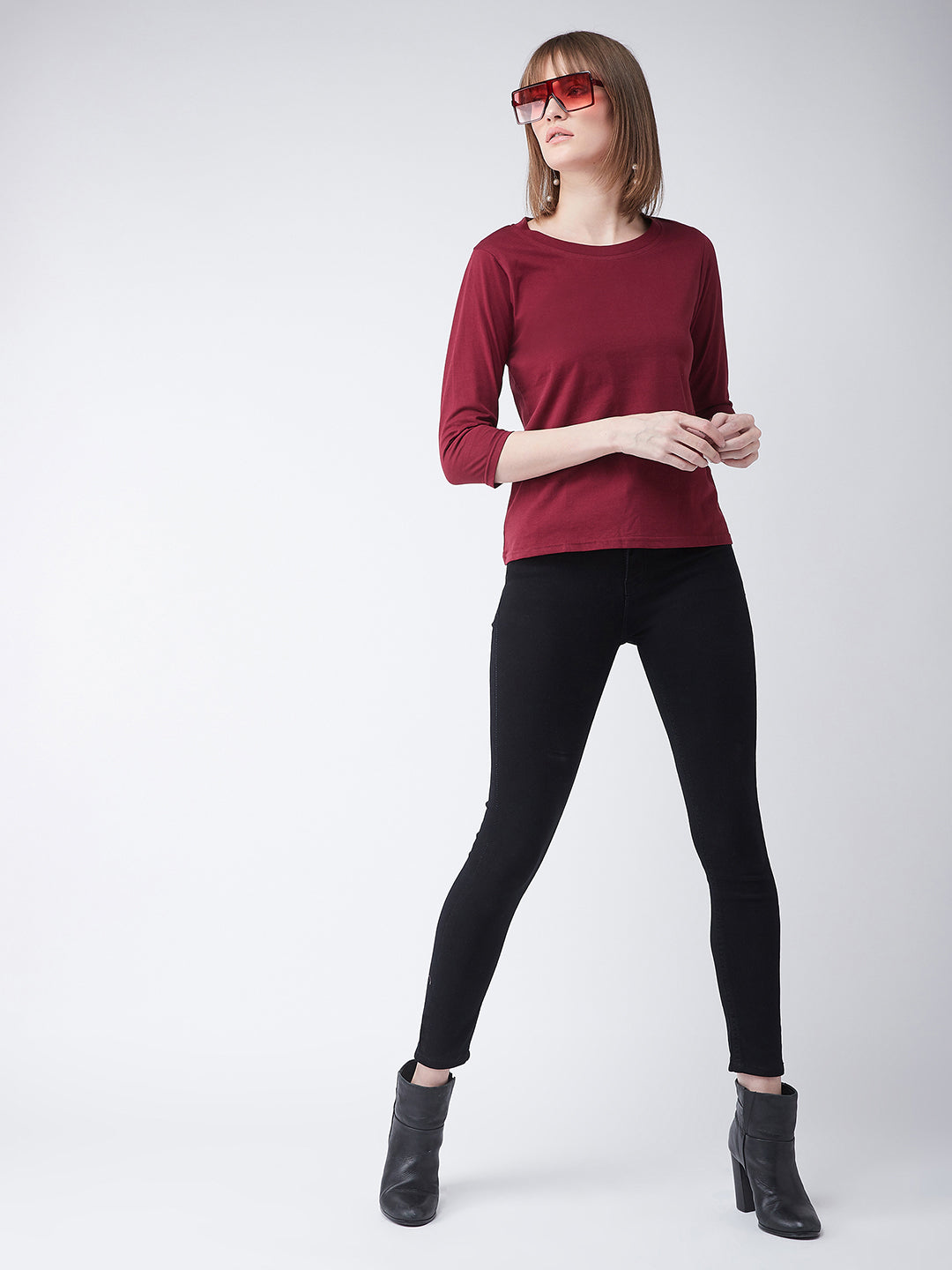 Women's Maroon Round Neck 3/4 Sleeves Casual Basic Top