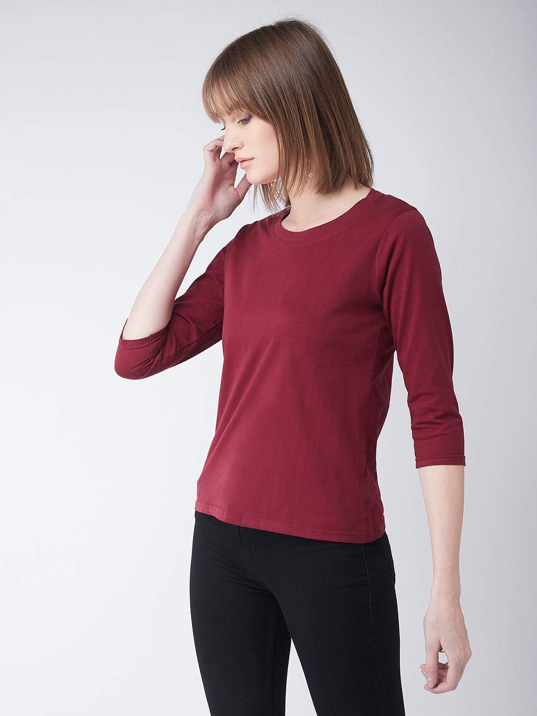 Women's Maroon Round Neck 3/4 Sleeves Casual Basic Top