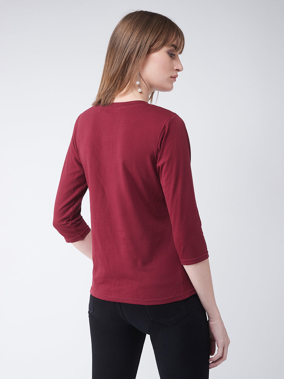 Women's Maroon Round Neck 3/4 Sleeves Casual Basic Top