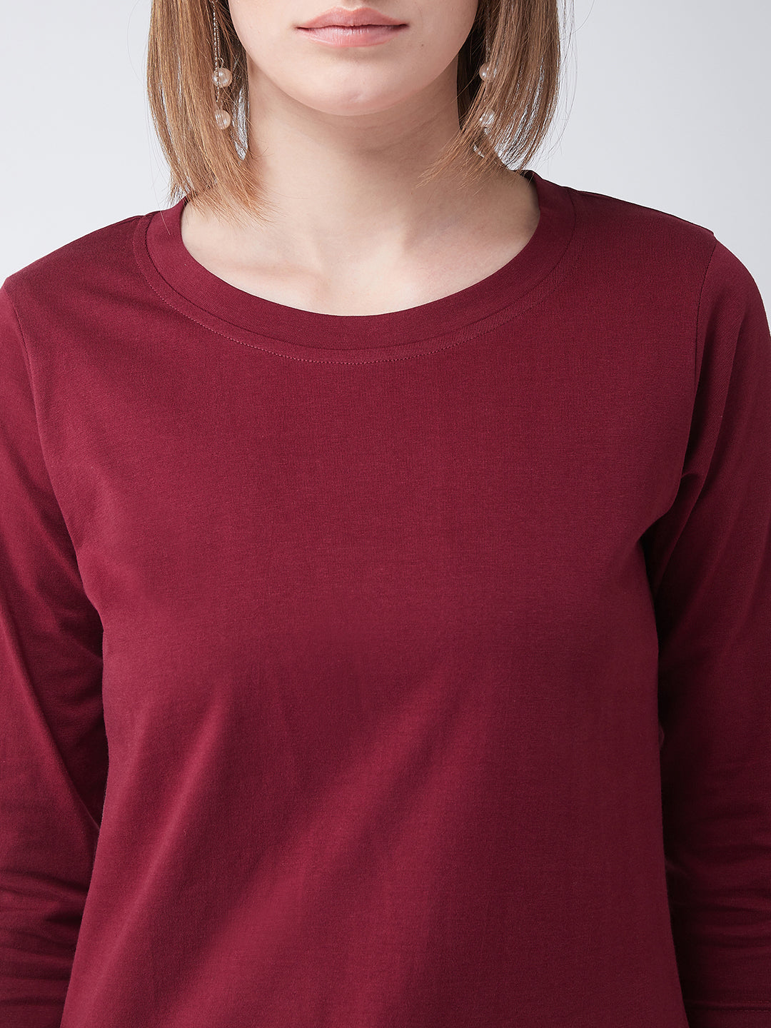 Women's Maroon Round Neck 3/4 Sleeves Casual Basic Top