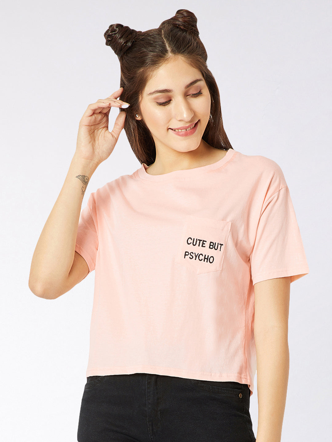 Women's Peach Round Neck Half Sleeve Solid Embroidered Pocket Boxy T-Shirt