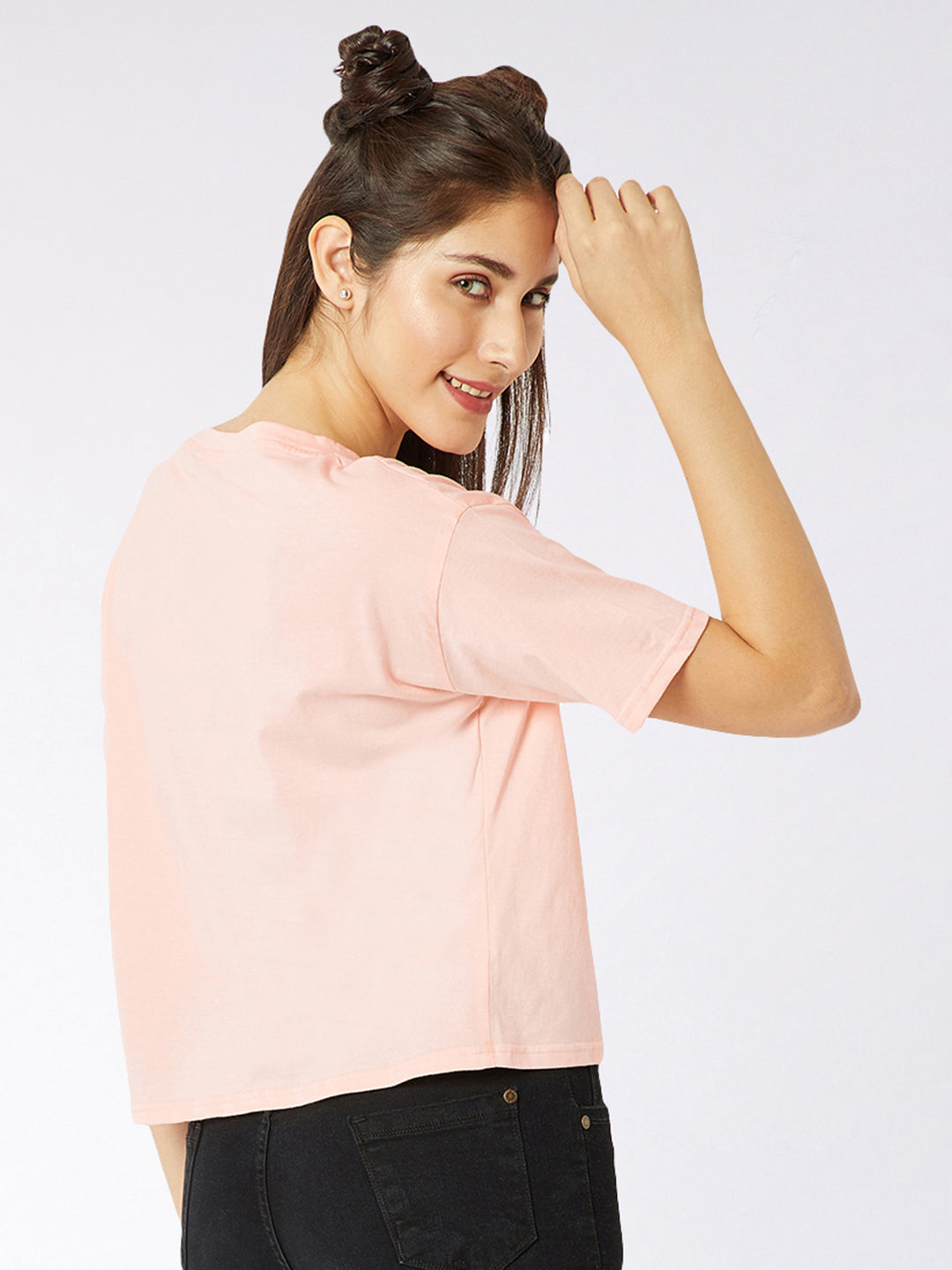 Women's Peach Round Neck Half Sleeve Solid Embroidered Pocket Boxy T-Shirt