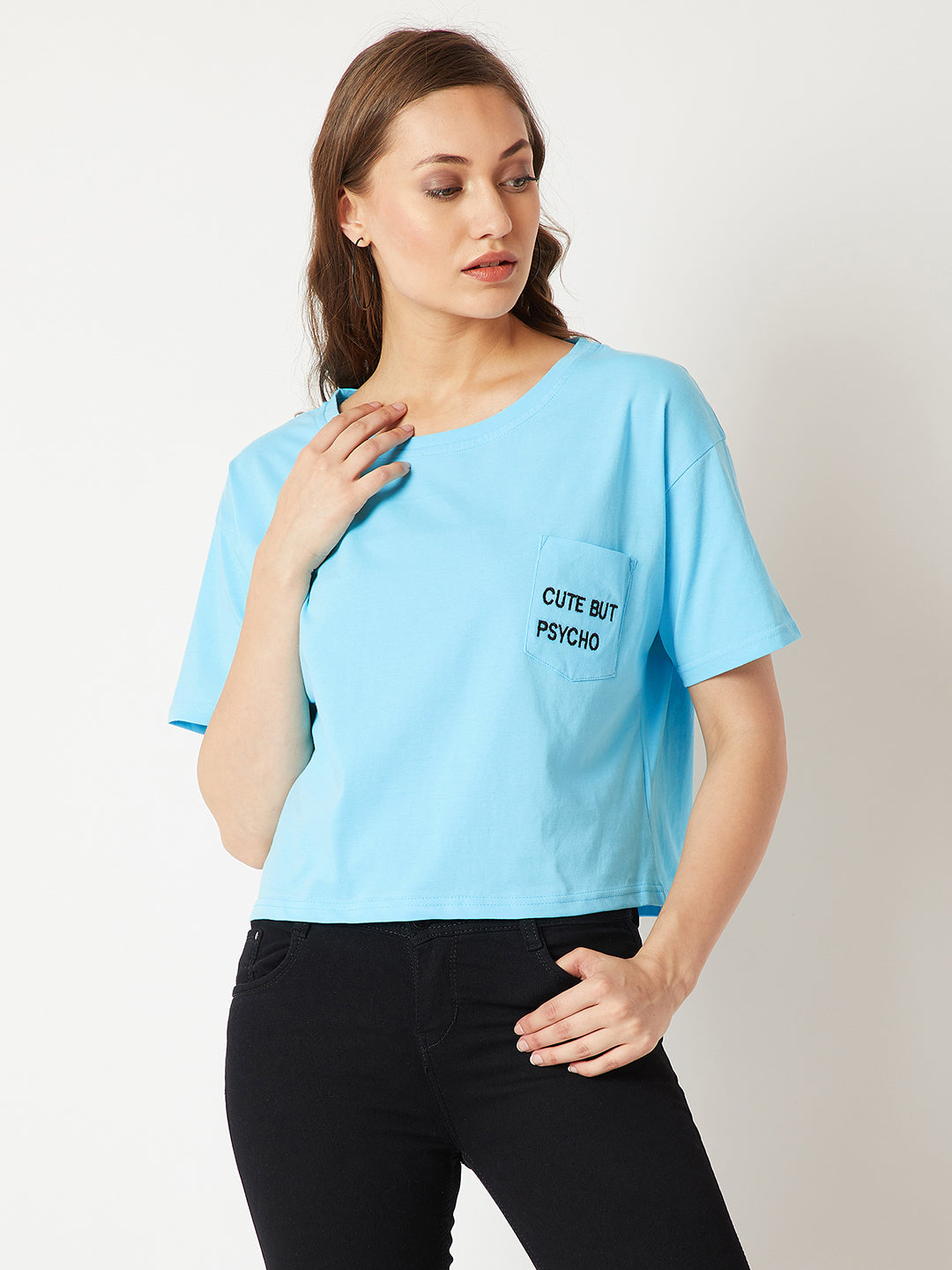 Women's Light Blue Round Neck Half Sleeve Solid Embroidered Pocket Boxy T-Shirt