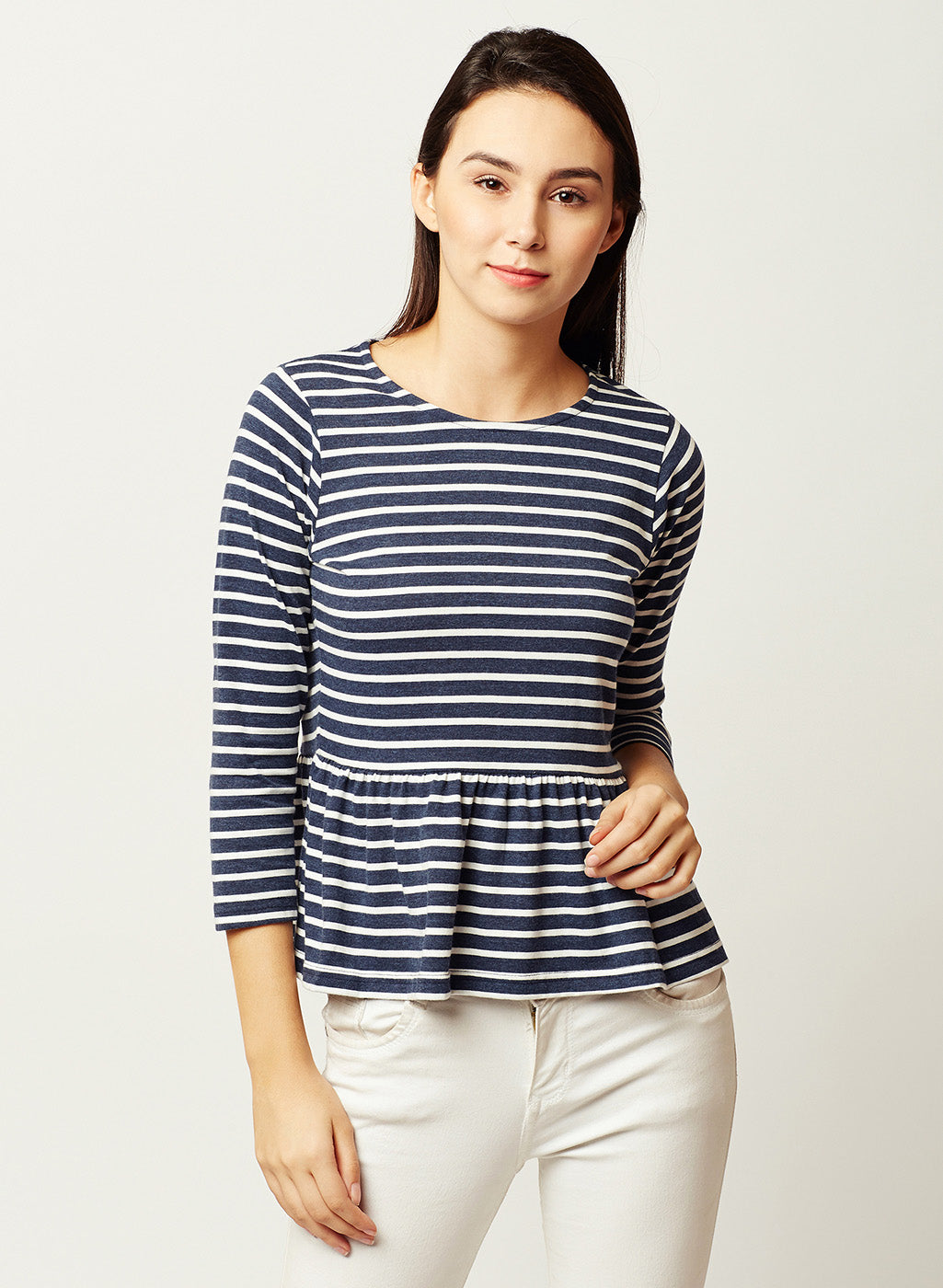 Women's Navy Blue and White Round Neck 3/4 Sleeve Striped Gathered Peplum Top