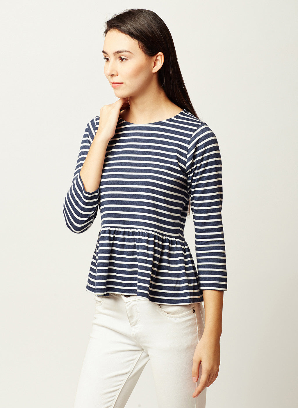 Women's Navy Blue and White Round Neck 3/4 Sleeve Striped Gathered Peplum Top