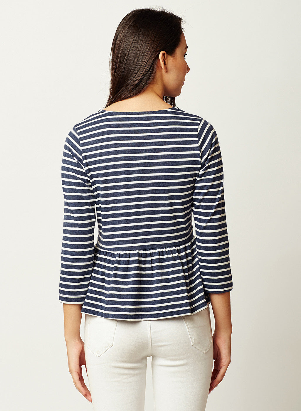 Women's Navy Blue and White Round Neck 3/4 Sleeve Striped Gathered Peplum Top