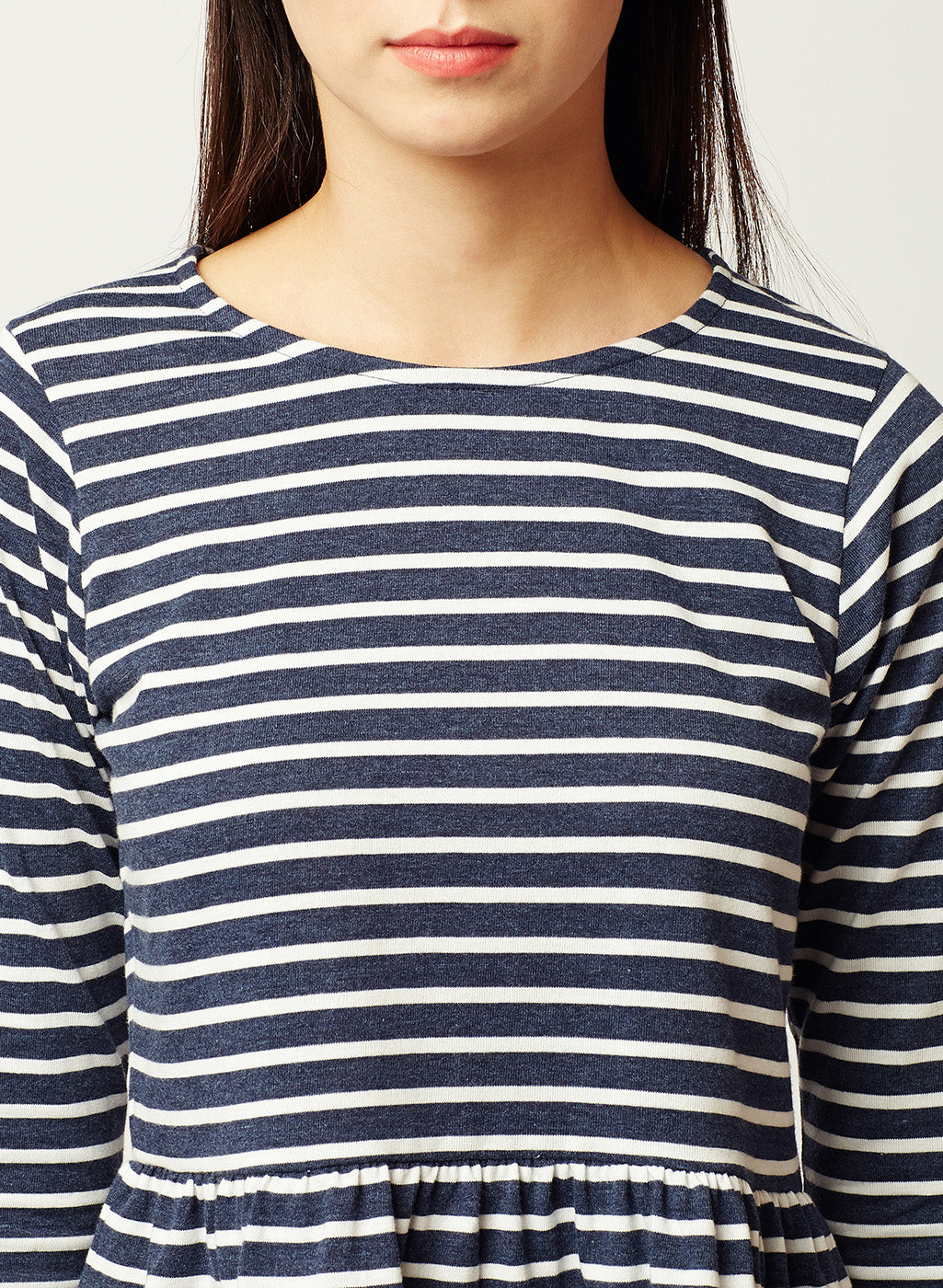 Women's Navy Blue and White Round Neck 3/4 Sleeve Striped Gathered Peplum Top