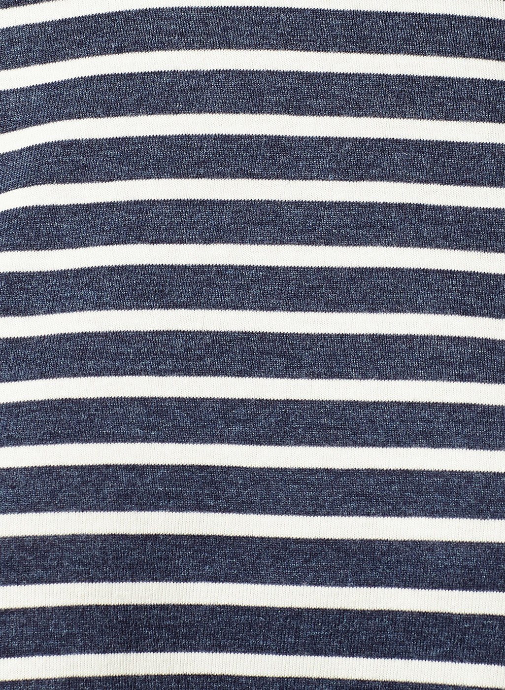 Women's Navy Blue and White Round Neck 3/4 Sleeve Striped Gathered Peplum Top