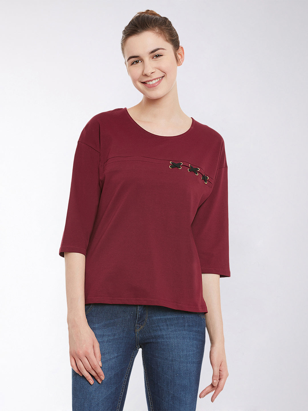 Women's Maroon Solid Round Neck 3/4 Sleeve Top