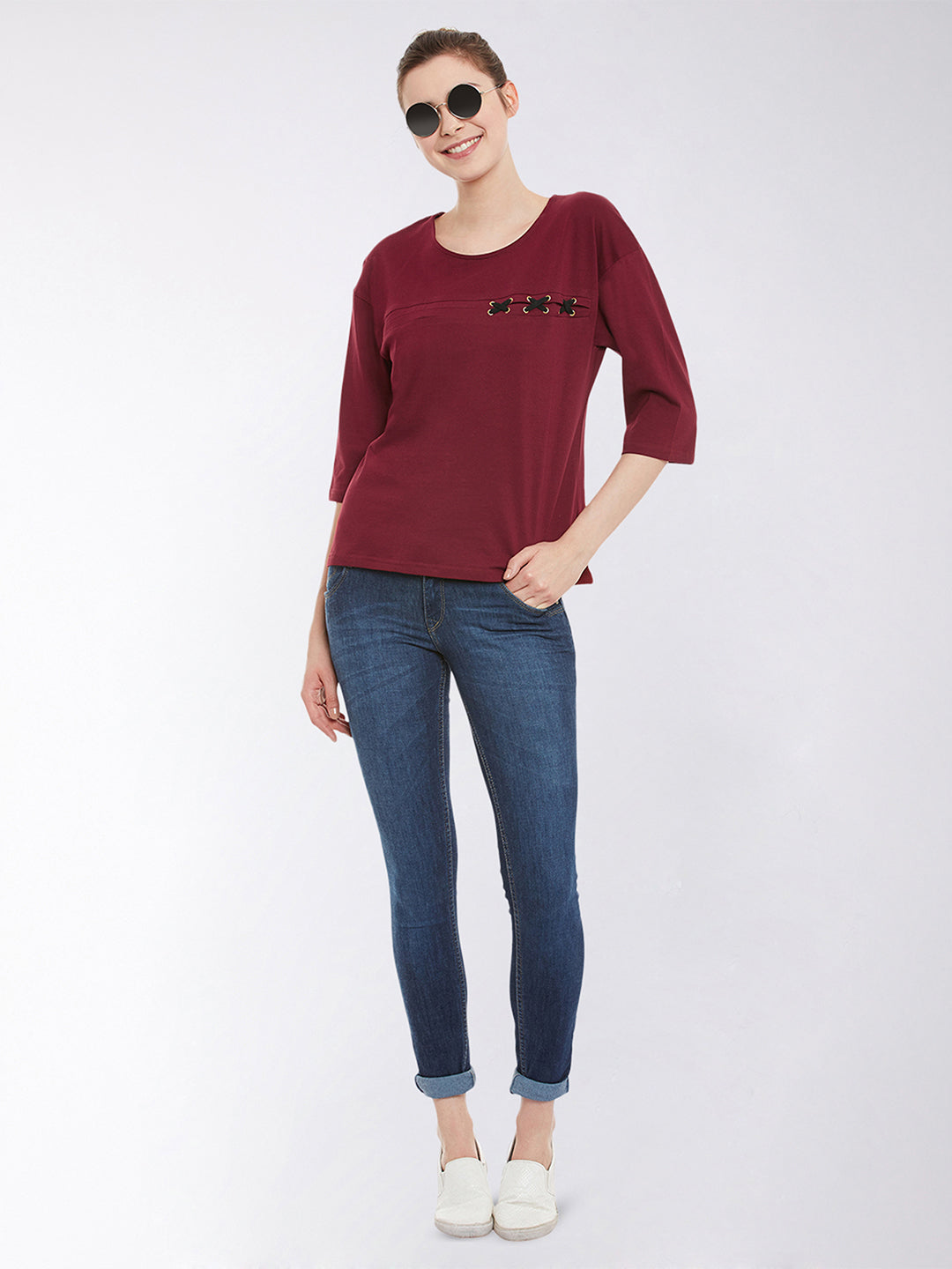 Women's Maroon Solid Round Neck 3/4 Sleeve Top