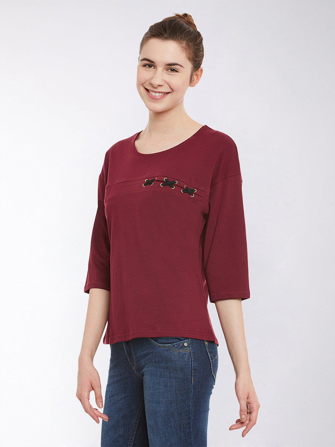 Women's Maroon Solid Round Neck 3/4 Sleeve Top