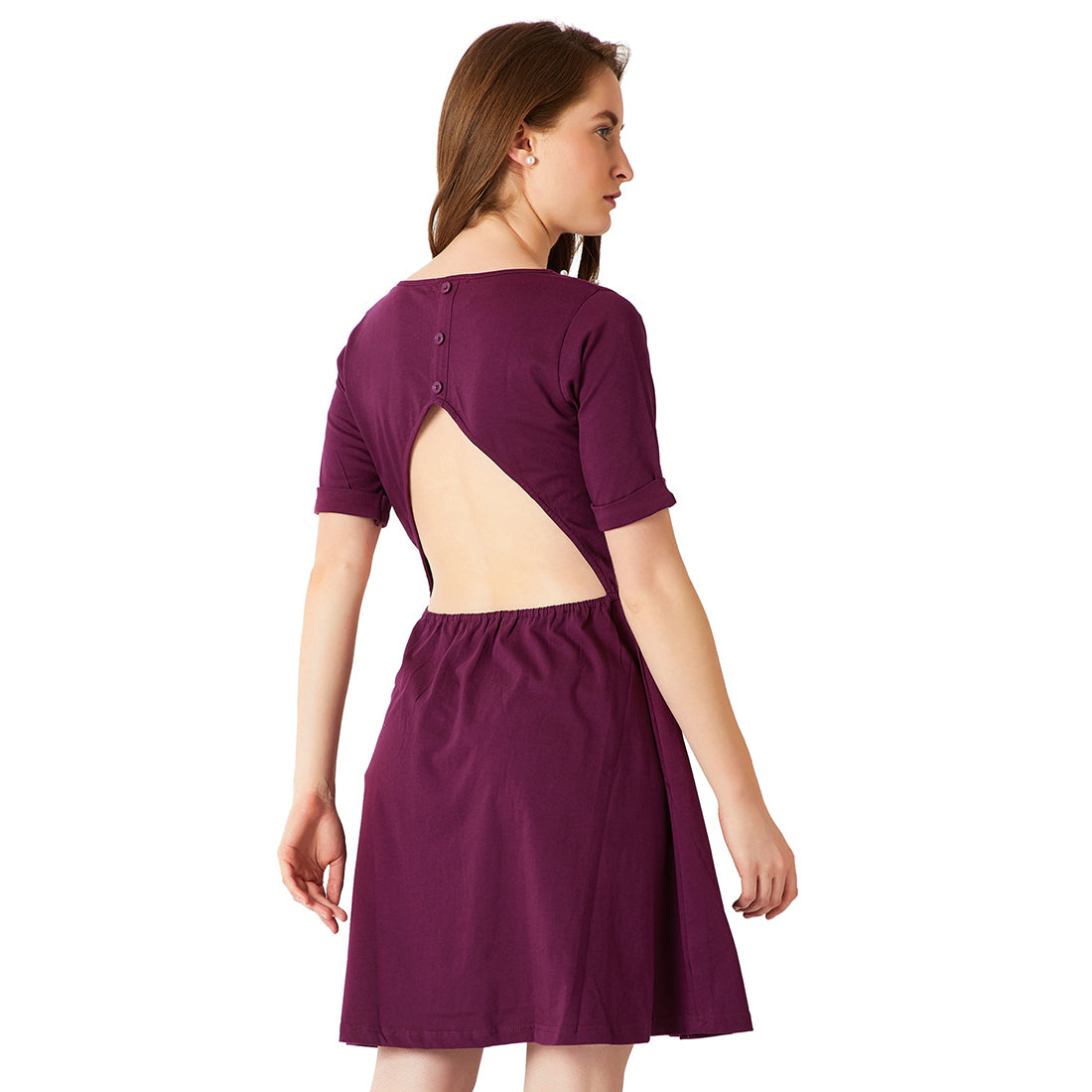 Magenta Round Neck Half Sleeve Cotton Solid Pearl Detail Back Cut-Out Mini Skater Dress for Women — Miss Chase