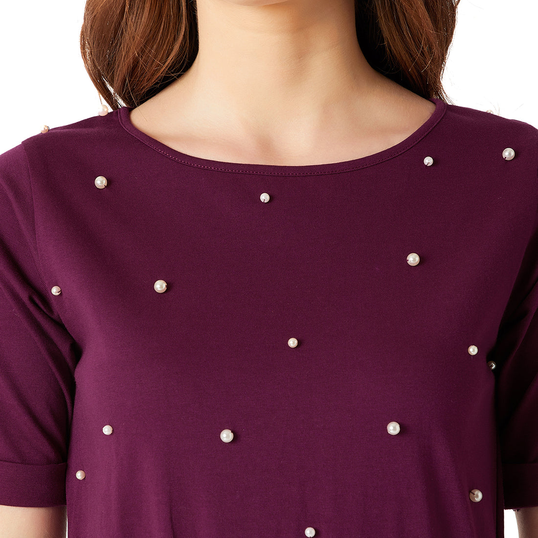 Magenta Round Neck Half Sleeve Cotton Solid Pearl Detail Back Cut-Out Mini Skater Dress for Women — Miss Chase