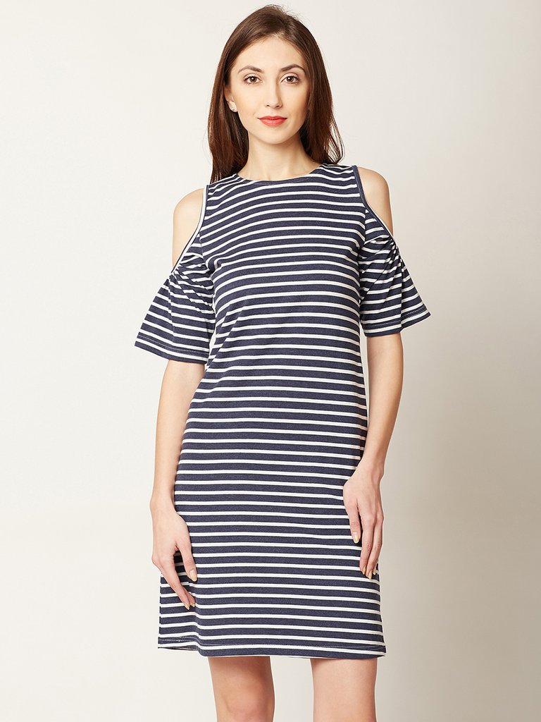 Women's Navy Blue and White Round Neck Half Sleeve Striped Mini Cold Shoulder Dress