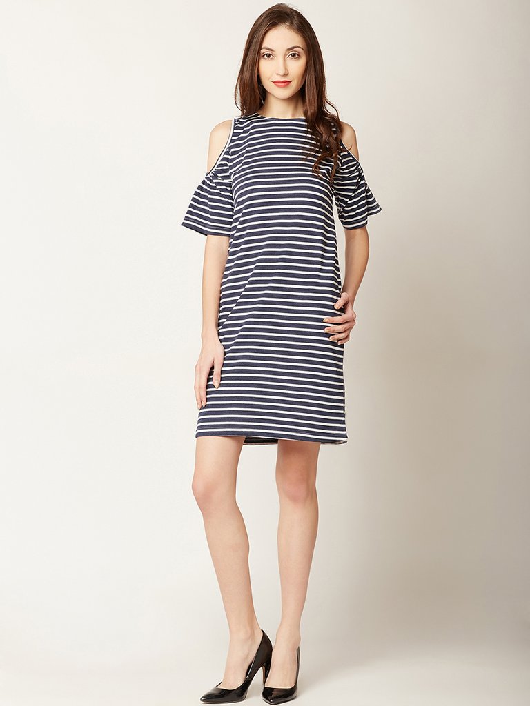 Women's Navy Blue and White Round Neck Half Sleeve Striped Mini Cold Shoulder Dress