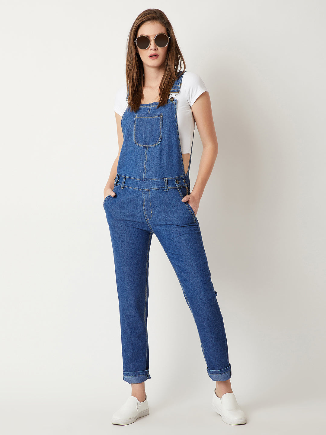 Women's Blue Regular Fit Mid Rise Regular Length Denim Dungaree