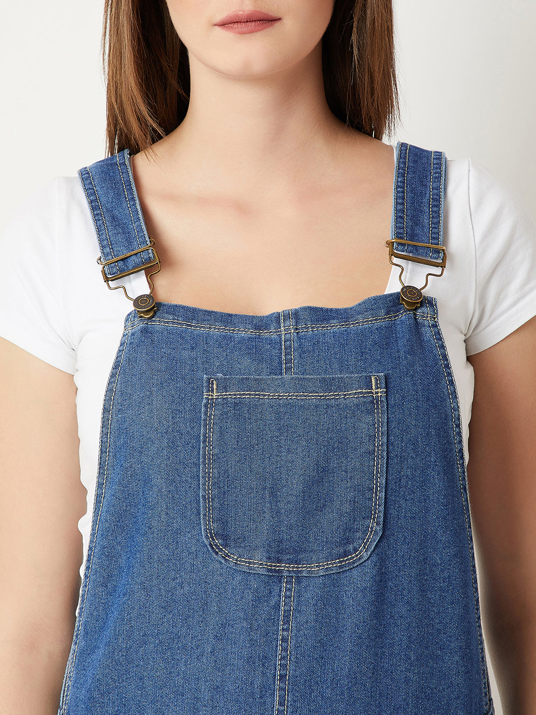 Women's Blue Regular Fit Mid Rise Regular Length Denim Dungaree