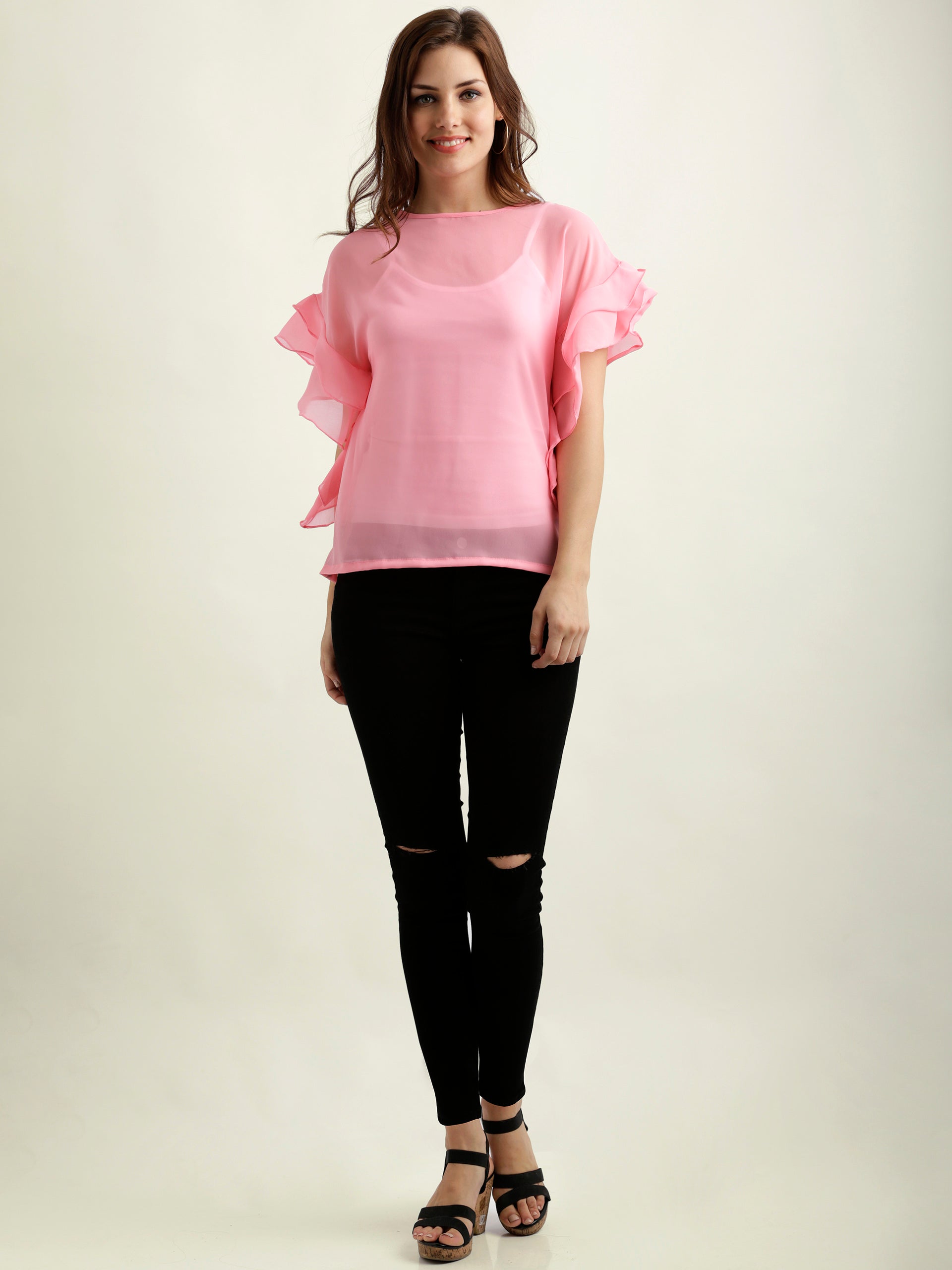 Women's Pink Round Neck Half Sleeve Solid Layered Sheer Ruffled Top