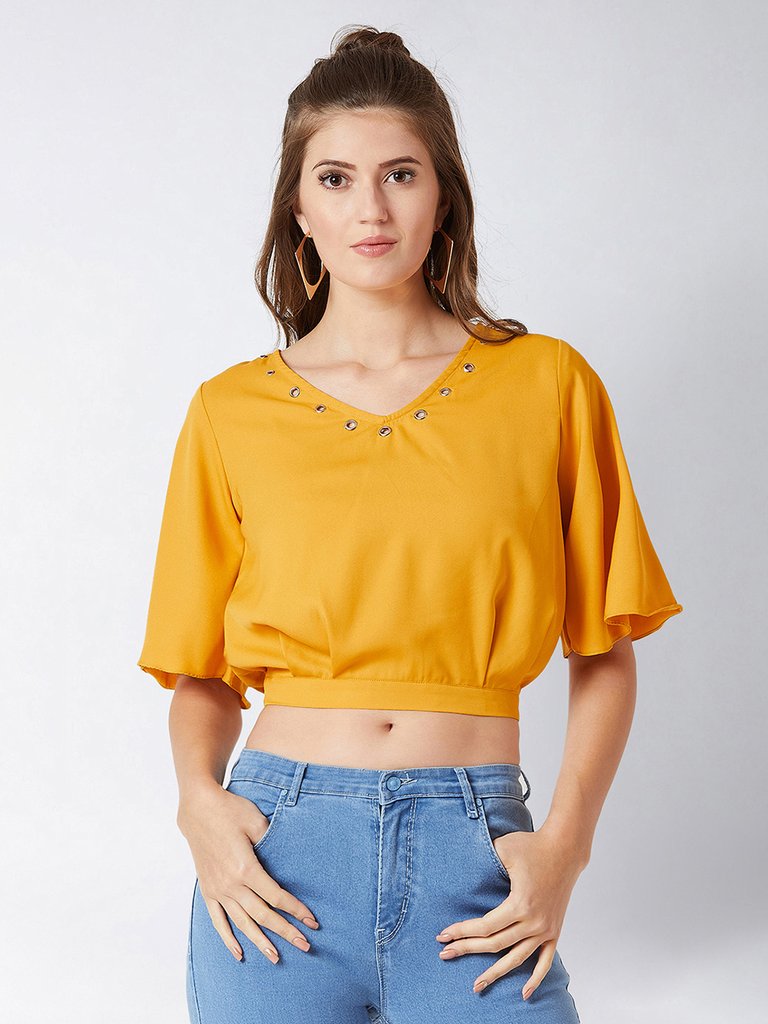 Women's Mustard Yellow V-Neck Flared Sleeves Solid Eyelet Detailing Blouson Crop Top