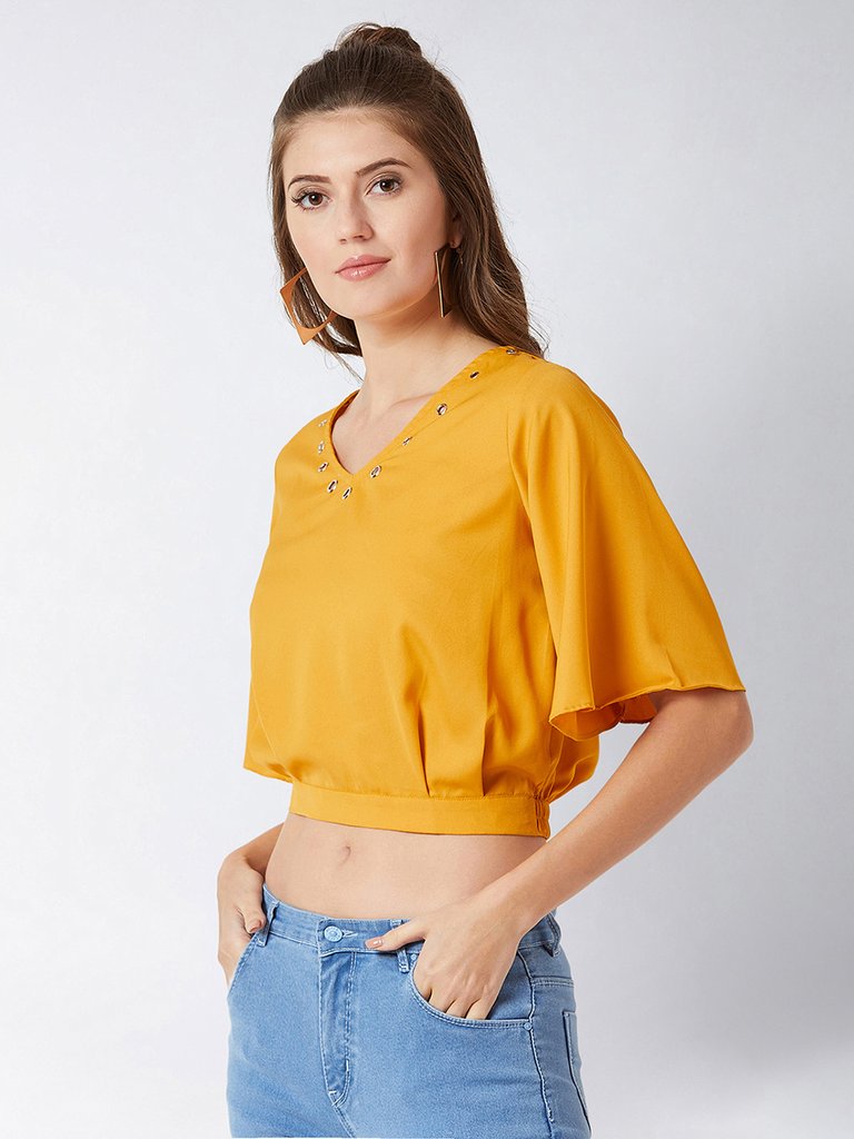 Women's Mustard Yellow V-Neck Flared Sleeves Solid Eyelet Detailing Blouson Crop Top