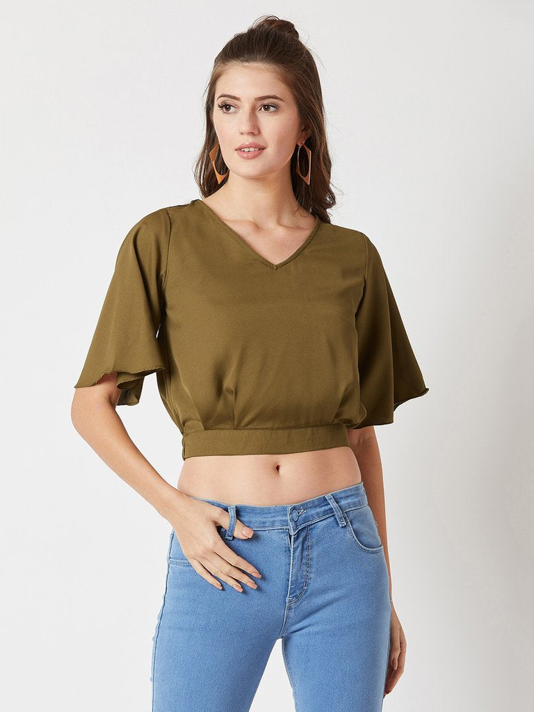Women's Green V-Neck Flared Sleeves Solid Blouson cropped Top