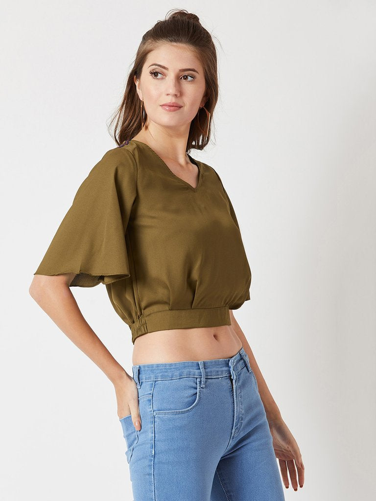 Women's Green V-Neck Flared Sleeves Solid Blouson cropped Top