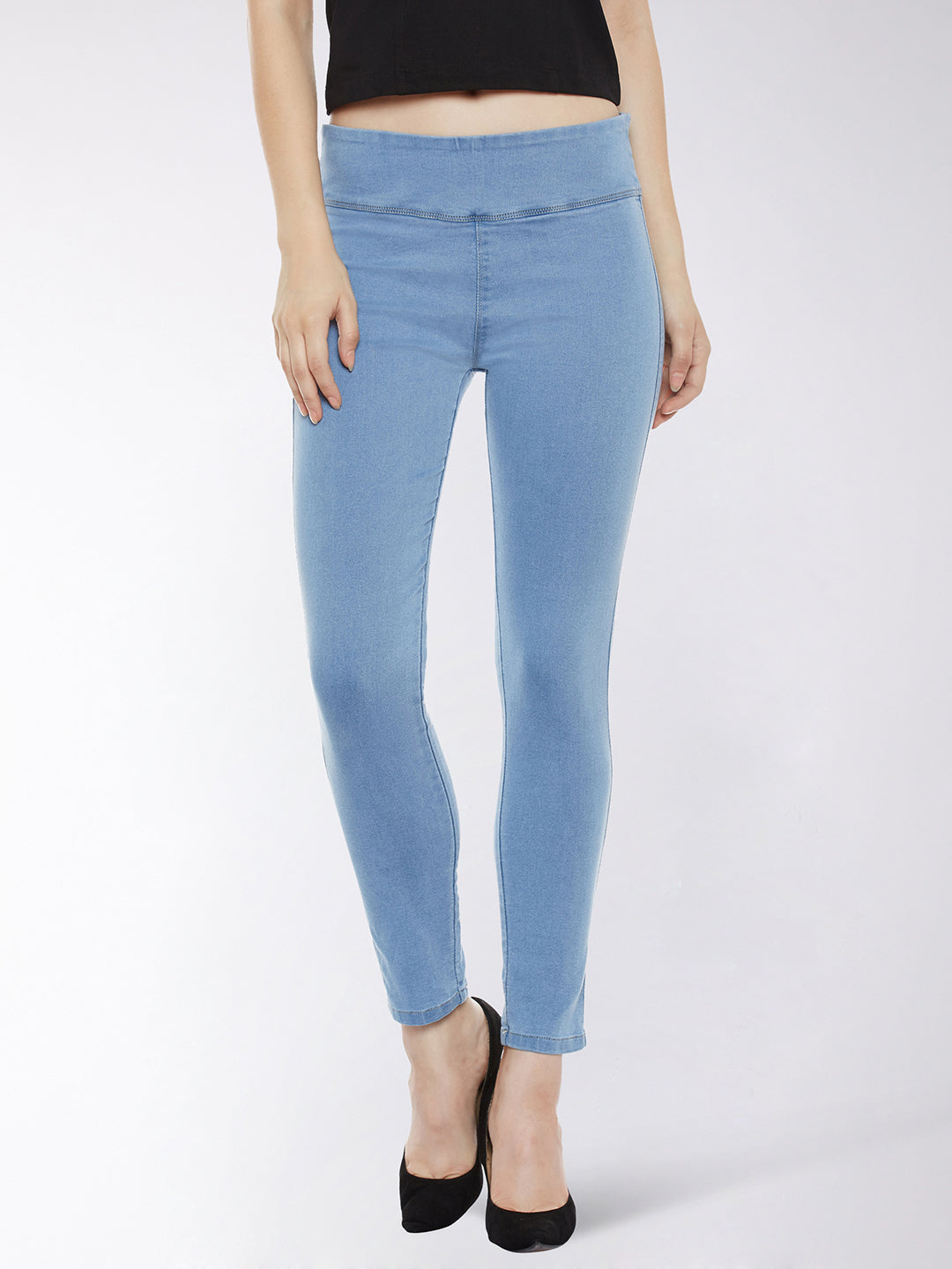 Light Blue Super Skinny Fit High Rise Acid Wash Regular Length Denim Stretchable Jeggings for Women