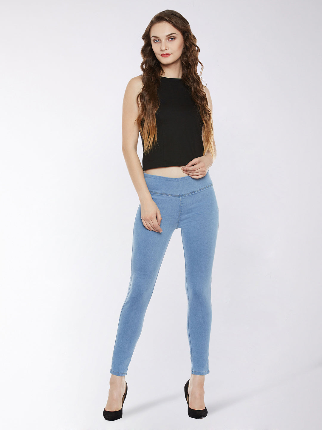 Light Blue Super Skinny Fit High Rise Acid Wash Regular Length Denim Stretchable Jeggings for Women