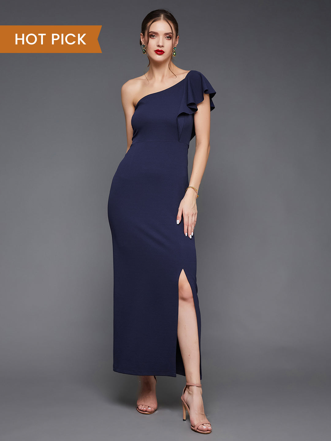 Crease Ease Women's Navy Blue Solid One Shoulder Sleeveless Ruffled Maxi Dress