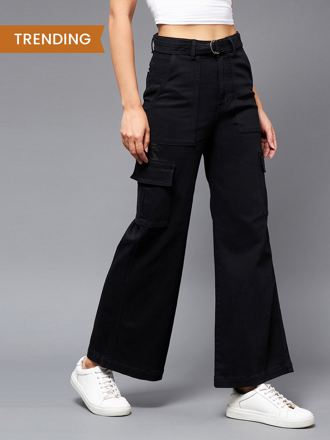 24/7 Comfort Women's Black Wide leg Cargo High rise Stretchable Denim Jeans