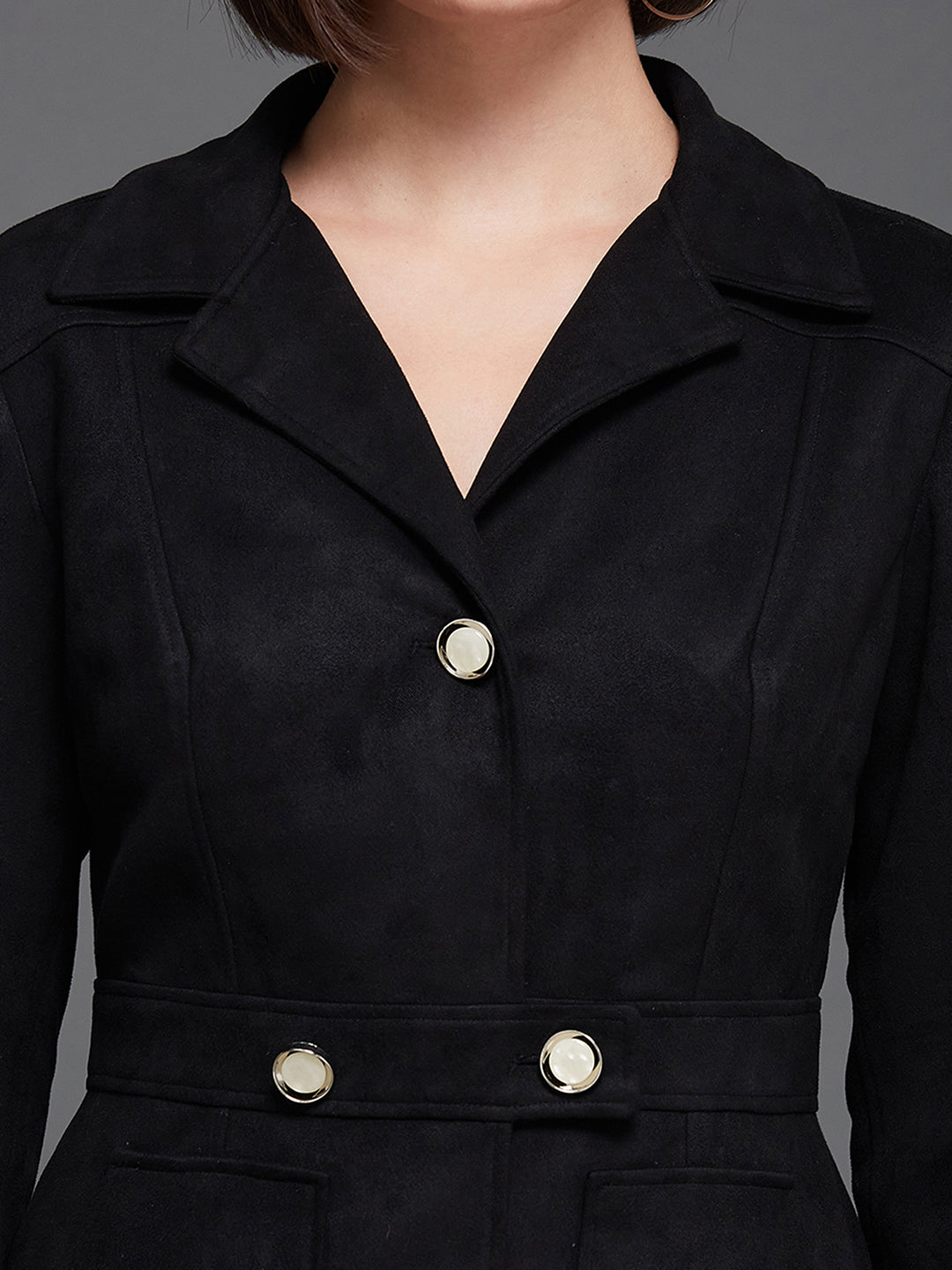 Women's Black Solid Shirt Collar Full Sleeves Patched Pocketed Polyester Button Down Longline Blazer Jacket