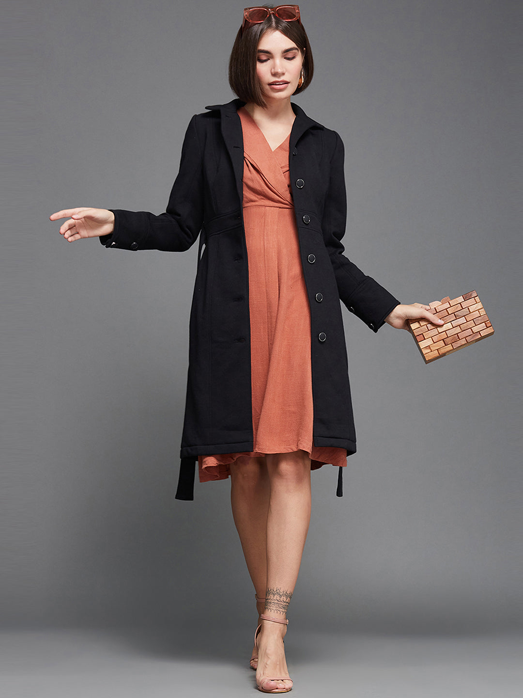 Women's Black Collared Full Sleeve Solid Tie-up Longline Jacket