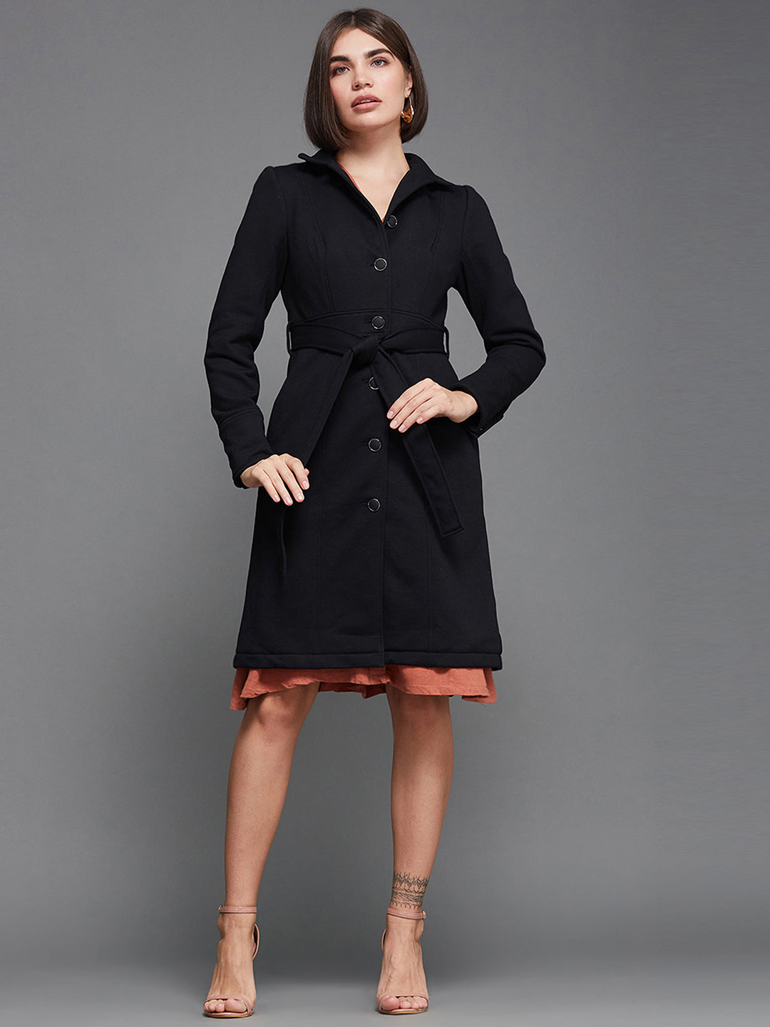 Women's Black Collared Full Sleeve Solid Tie-up Longline Jacket