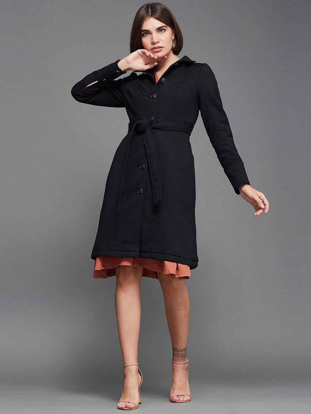 Women's Black Collared Full Sleeve Solid Tie-up Longline Jacket