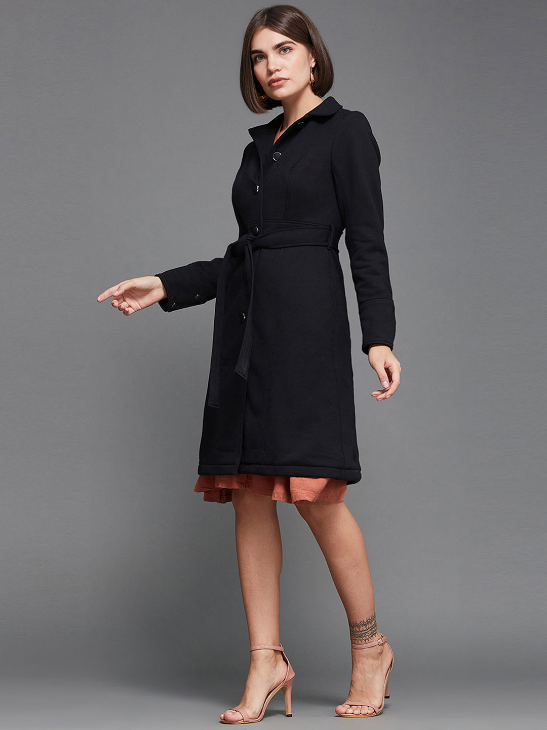 Women's Black Collared Full Sleeve Solid Tie-up Longline Jacket