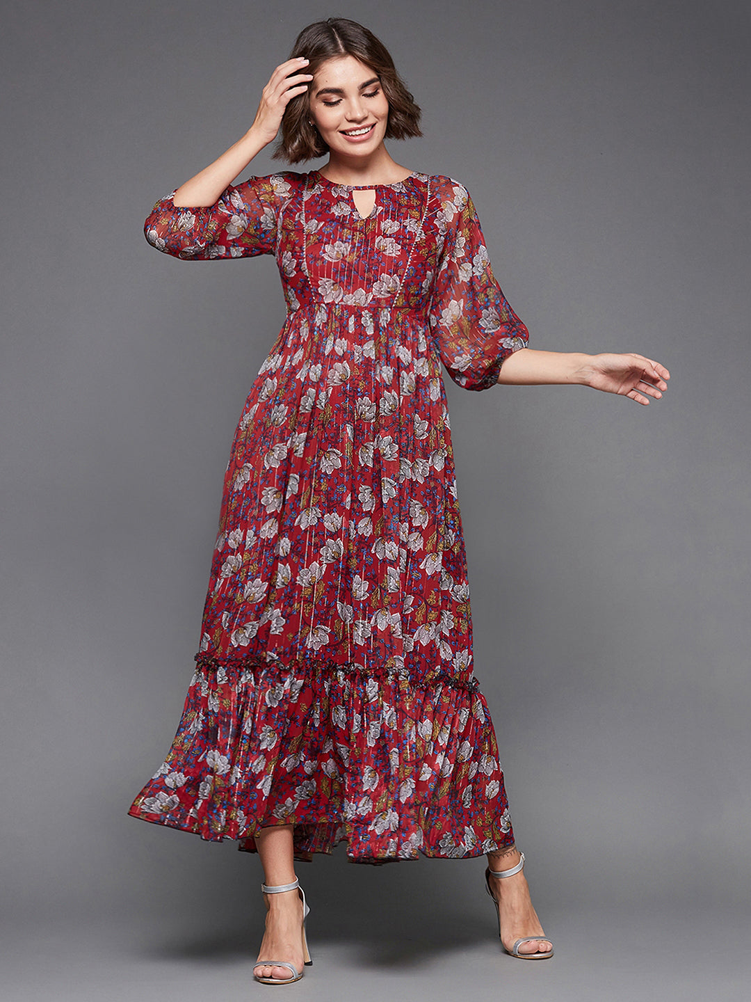 Women's Multicolored-Base-Red Round Neck Bishop Sleeves Ankle Length Chiffon Printed Maxi Dress