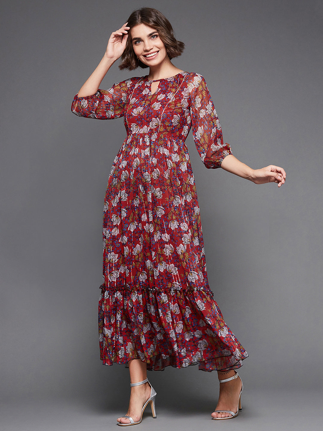 Women's Multicolored-Base-Red Round Neck Bishop Sleeves Ankle Length Chiffon Printed Maxi Dress