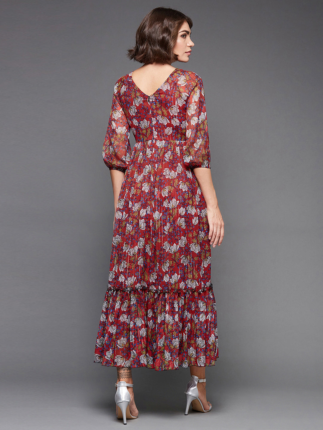 Women's Multicolored-Base-Red Round Neck Bishop Sleeves Ankle Length Chiffon Printed Maxi Dress