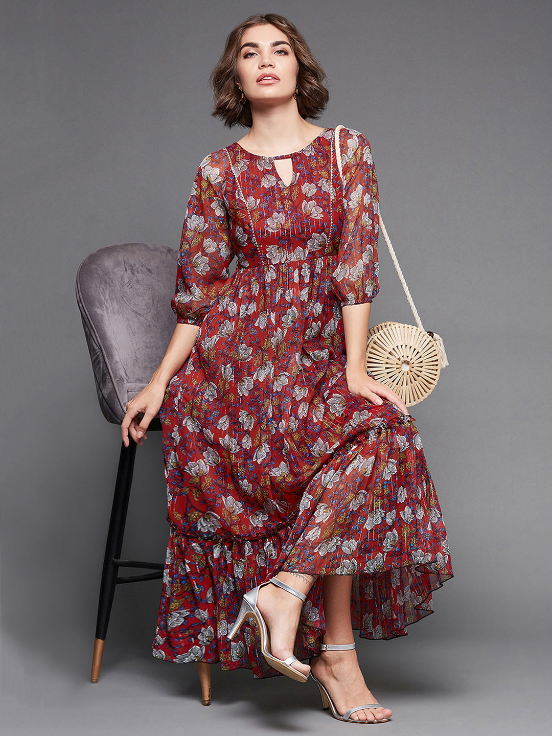 Women's Multicolored-Base-Red Round Neck Bishop Sleeves Ankle Length Chiffon Printed Maxi Dress