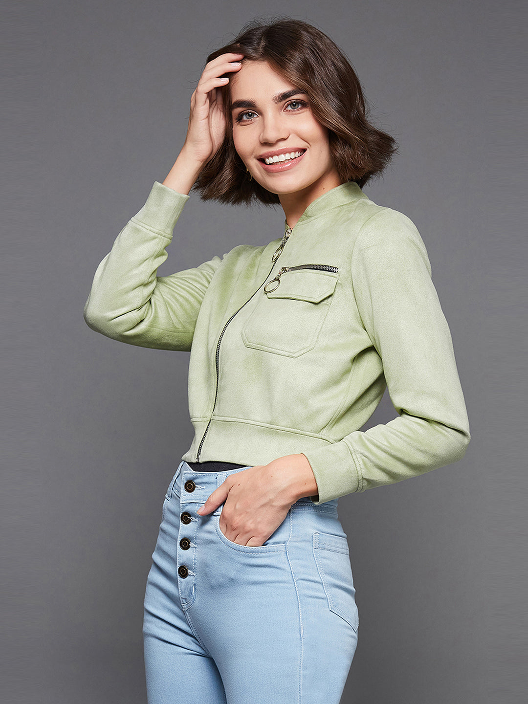 Women's Light Green Mandarin Collar Full-Sleeve Solid Crop Polyester Jacket