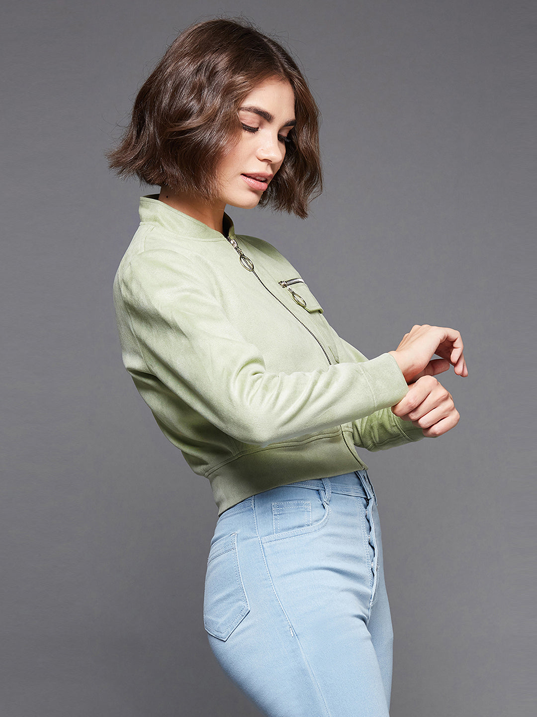 Women's Light Green Mandarin Collar Full-Sleeve Solid Crop Polyester Jacket