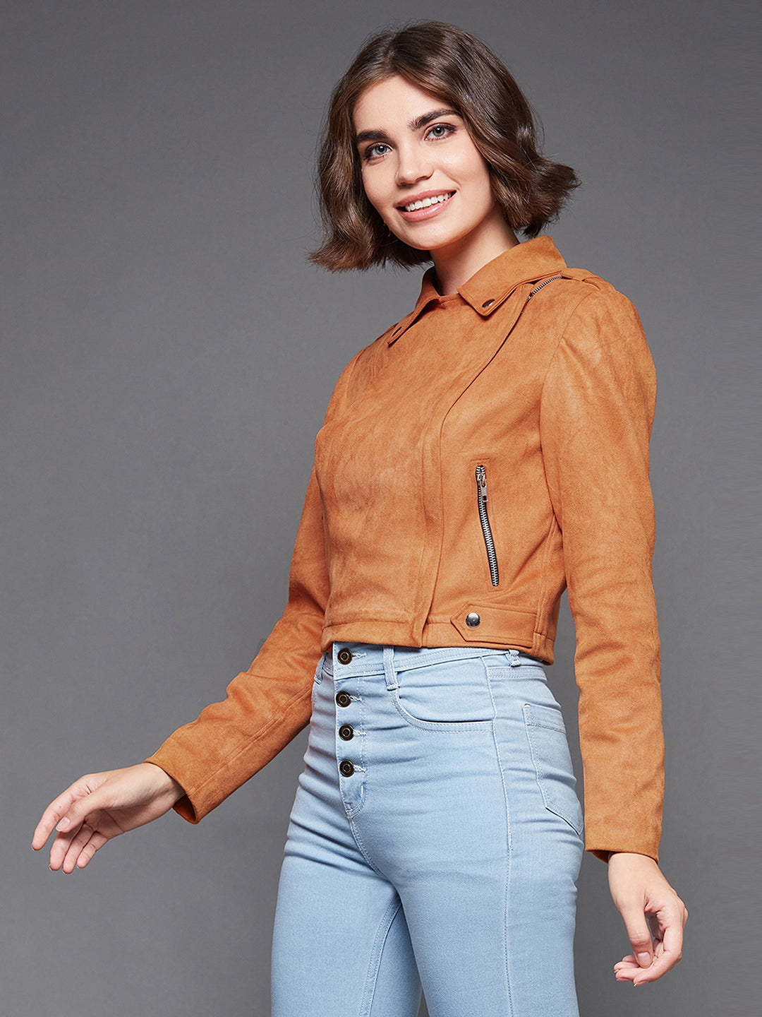 Women's Burnt Orange Notch Full-Sleeve Solid Blazer Style Zipper Polyester Jacket