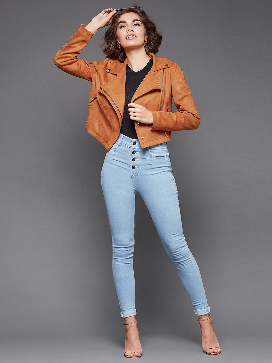 Women's Burnt Orange Notch Full-Sleeve Solid Blazer Style Zipper Polyester Jacket