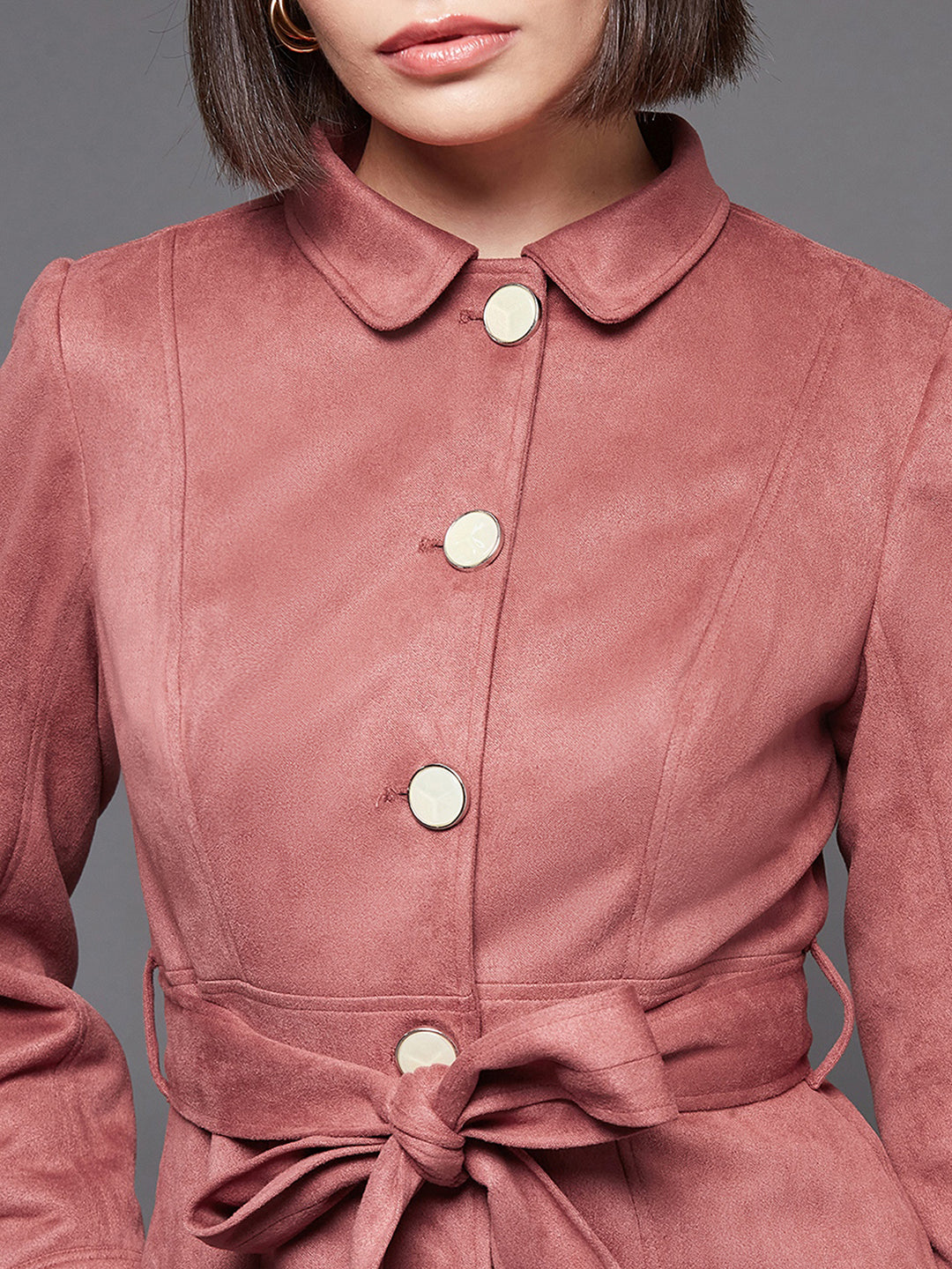 Women's Dark Peach Shirt Collar Full Sleeves Side Pocketed Polyester Button Down Longline Winter Wear Blazer Jacket