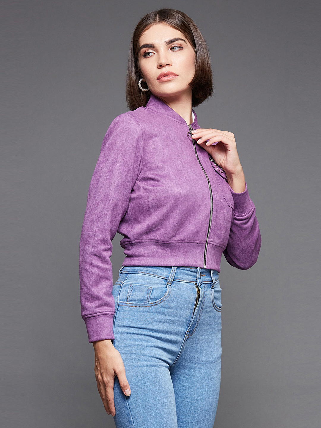 Women'S Dark Lavender Mandarin Collar Full-Sleeve Solid Crop Polyester Jacket