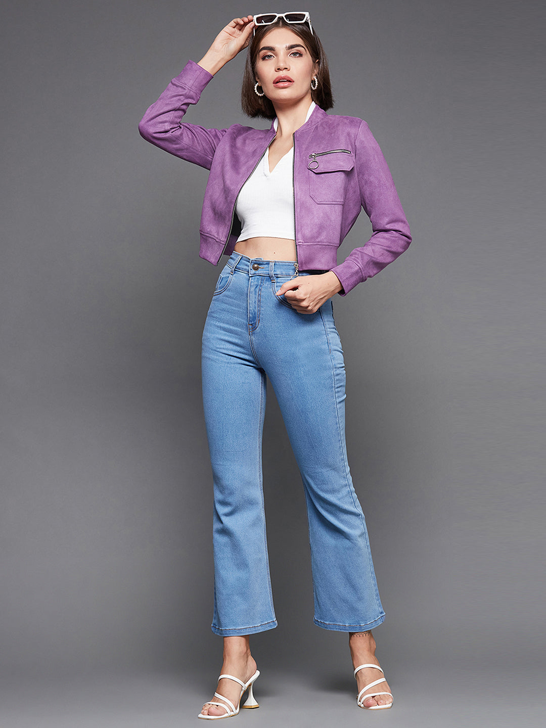 Women'S Dark Lavender Mandarin Collar Full-Sleeve Solid Crop Polyester Jacket